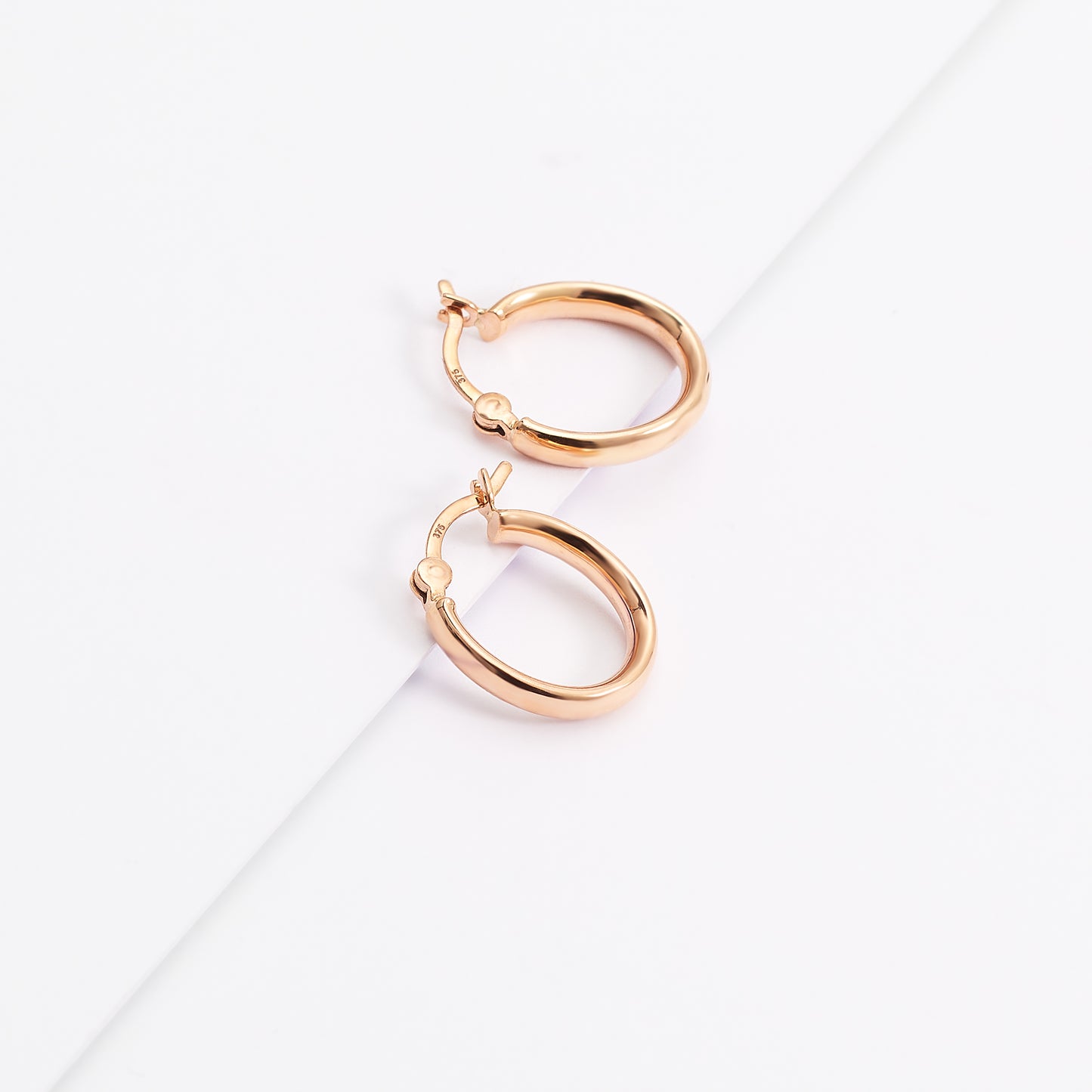 9K Rose Gold Oval Half Round Hoop Earrings 10x8mm