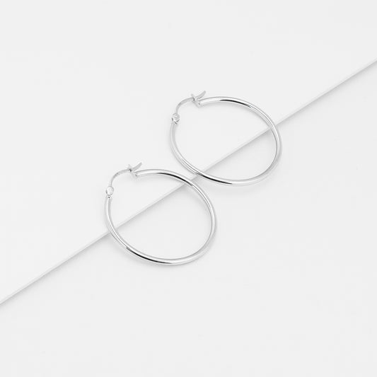 9K White Gold Polished Round Hoop Earrings 25mm
