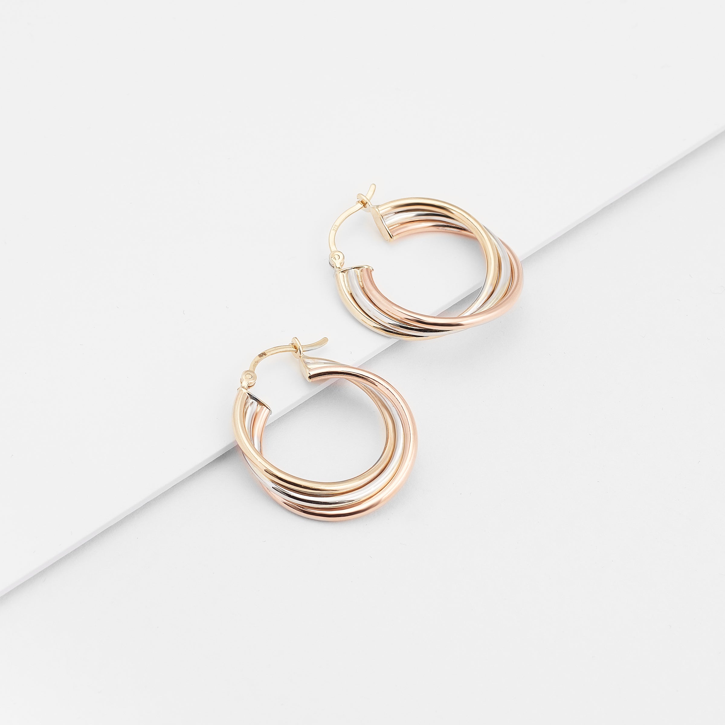 9K Yellow, Rose And White Gold Twist Hoop Earrings 22mm