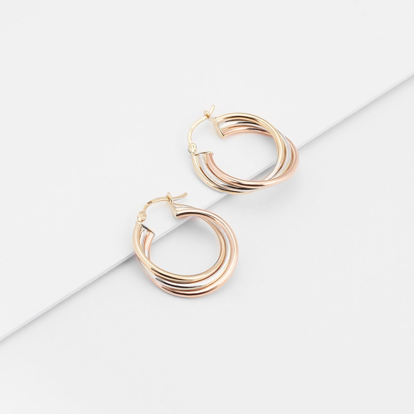 9K Yellow, Rose And White Gold Twist Hoop Earrings 22mm