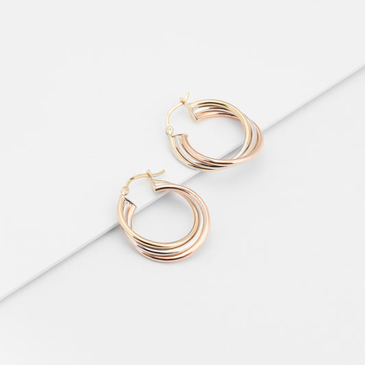 9K Yellow, Rose And White Gold Twist Hoop Earrings 22mm