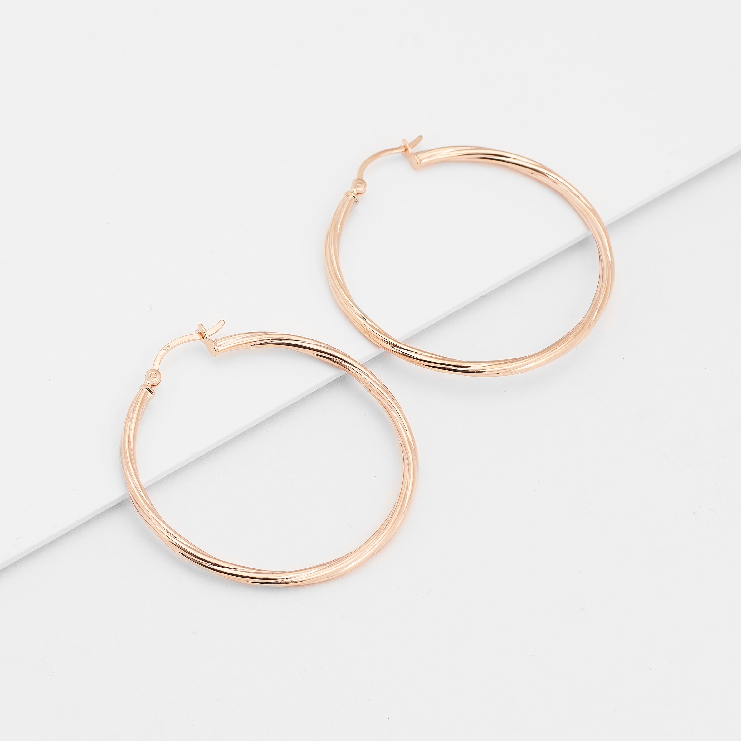 9K Rose Gold Round Lined Hoop Earrings 35mm.