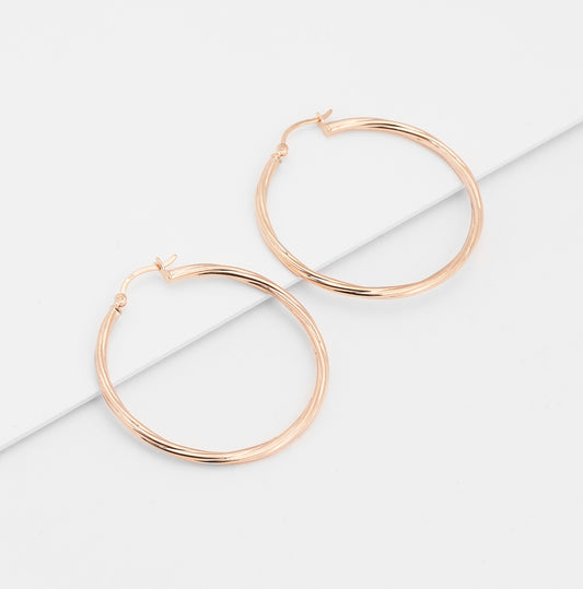 9K Rose Gold Round Lined Hoop Earrings 35mm.