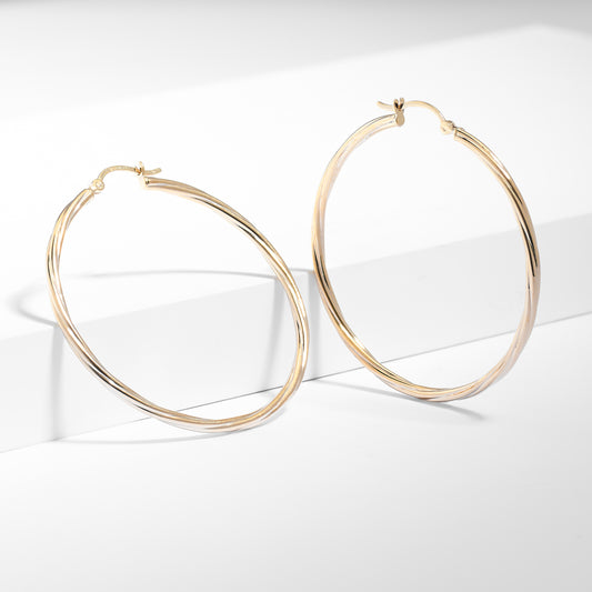 9K Yellow Gold Round Lined Hoop Earrings 40mm