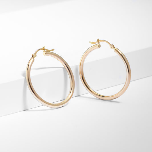 9K Yellow Gold Round Plain Hoop Earrings 25mm