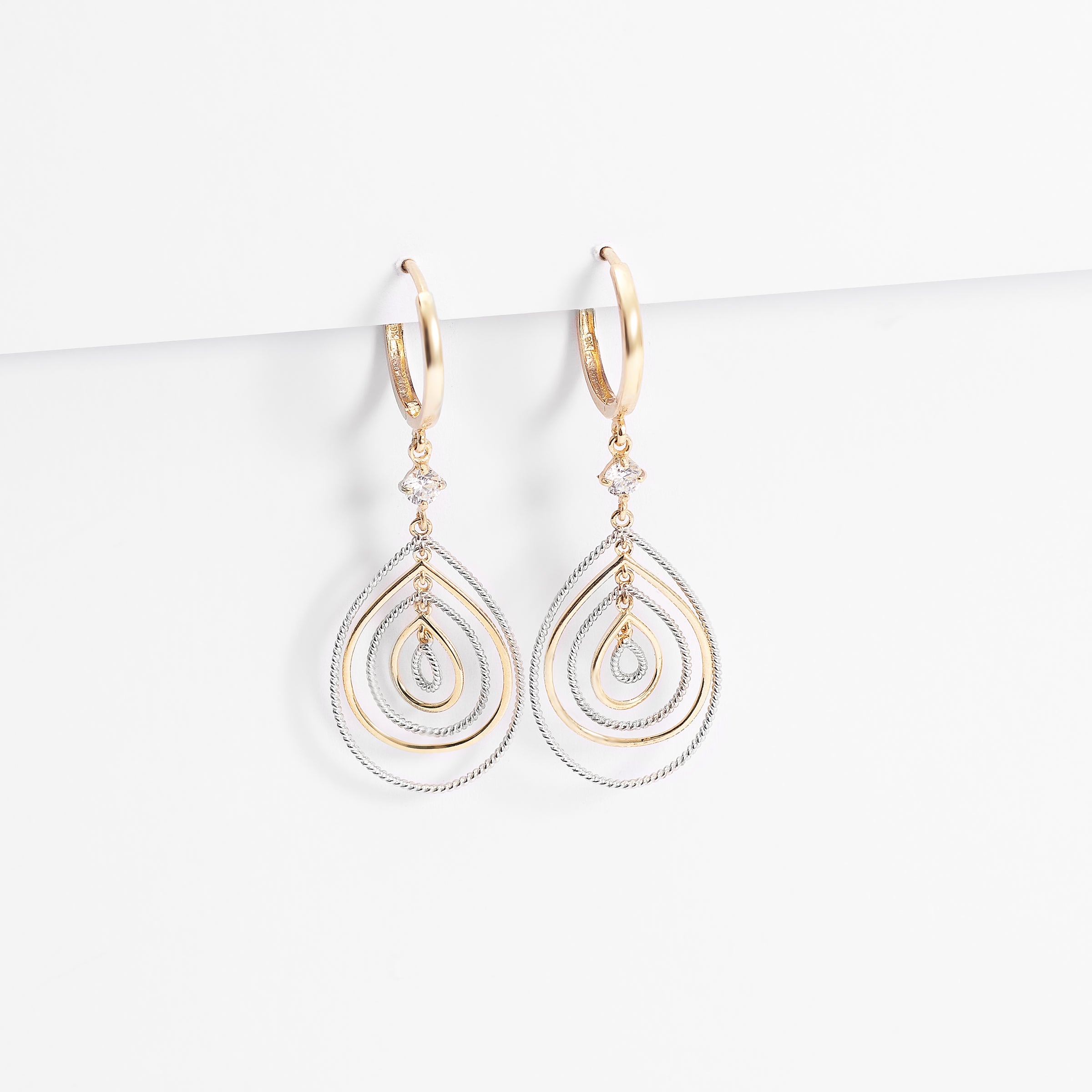 9K Yellow and White Gold Zirconia Teardrop Huggie Earrings