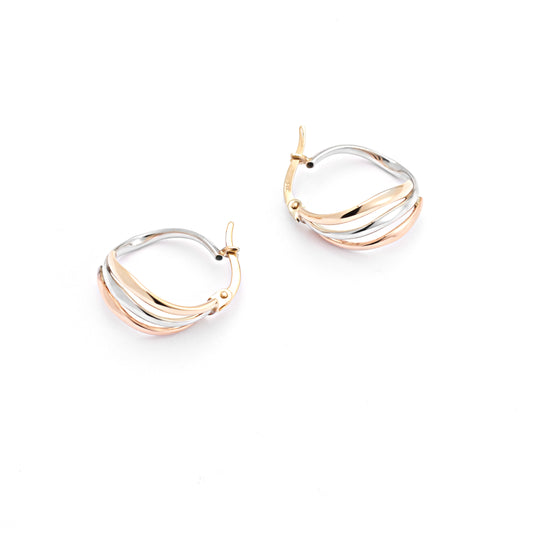 9K Yellow, Rose And White Gold Wave Hoop Earrings