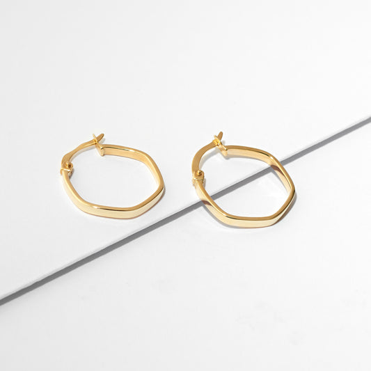 9K Yellow Gold Hexagon Hoop Earrings 15mm