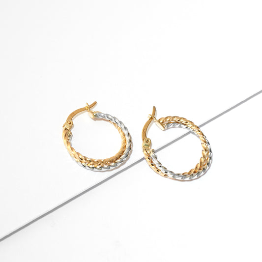 9K Yellow and White Gold Crossover Hoop Earrings