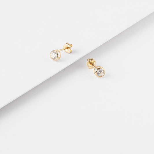 9K Yellow Gold Round Zirconia Bezel Set Stud Earrings 5mm
