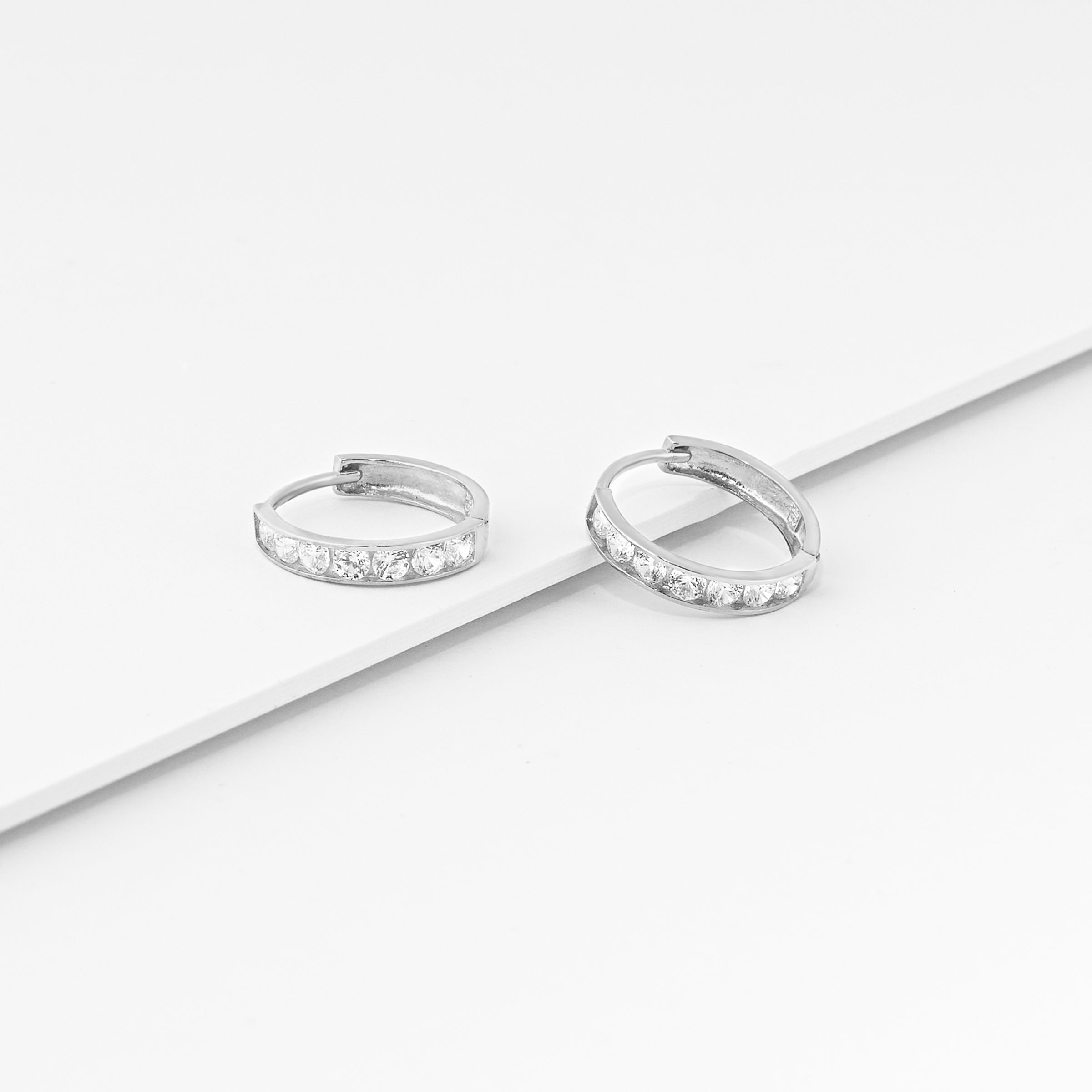 9K White Gold Zirconia Huggie Earrings 10mm
