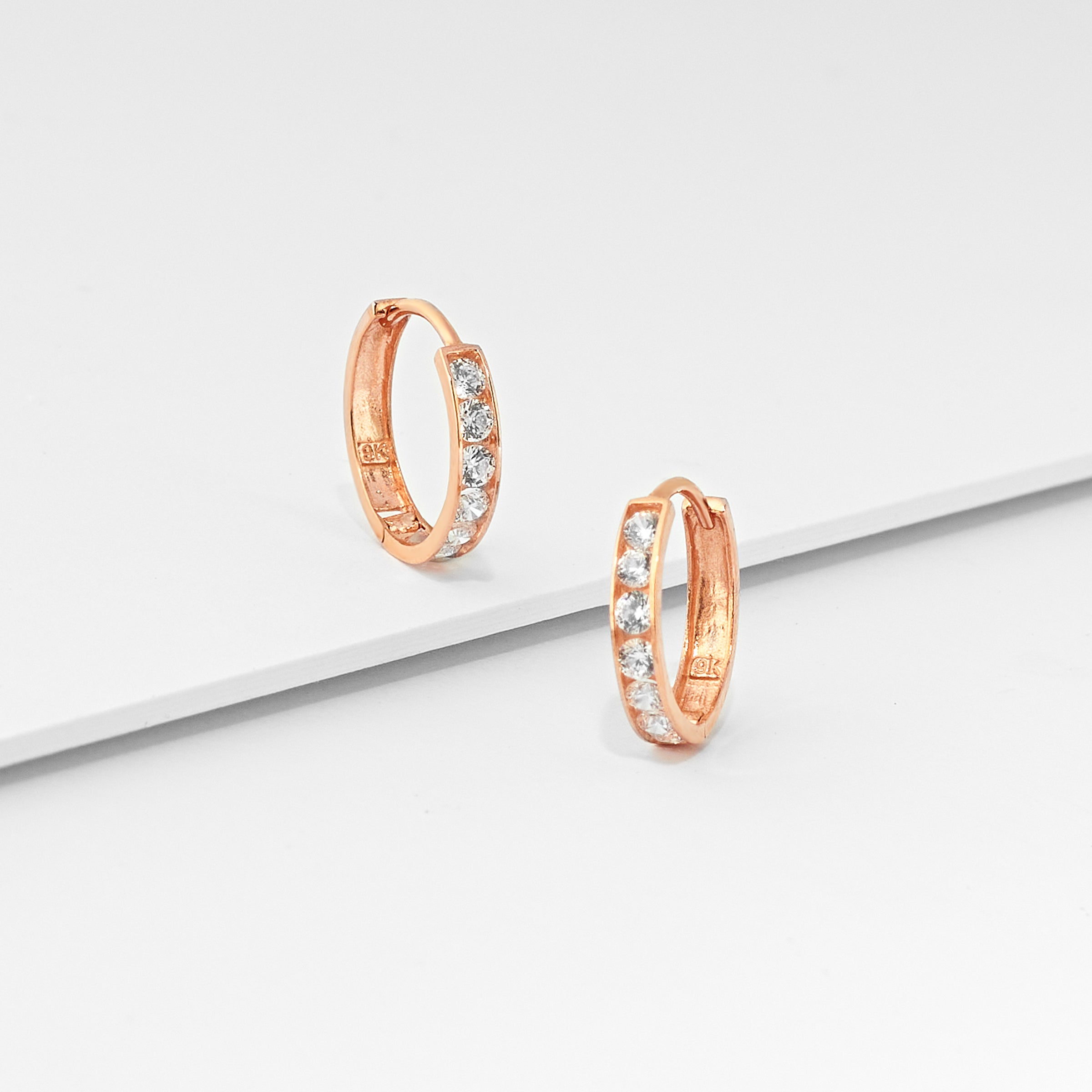 9K Rose Gold Zirconia Huggie Earrings 10mm