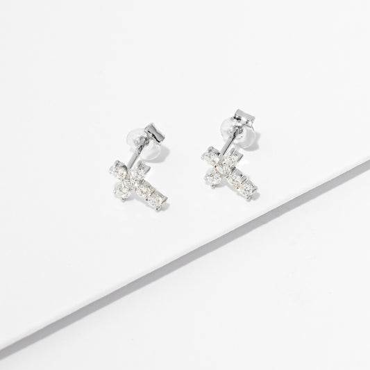 9K White Gold Zirconia Cross Stud Earrings