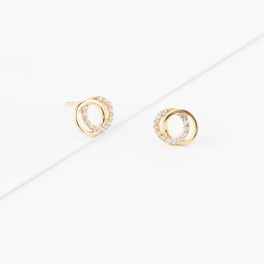 9K Yellow Gold Zirconia Double Circle Stud Earrings.