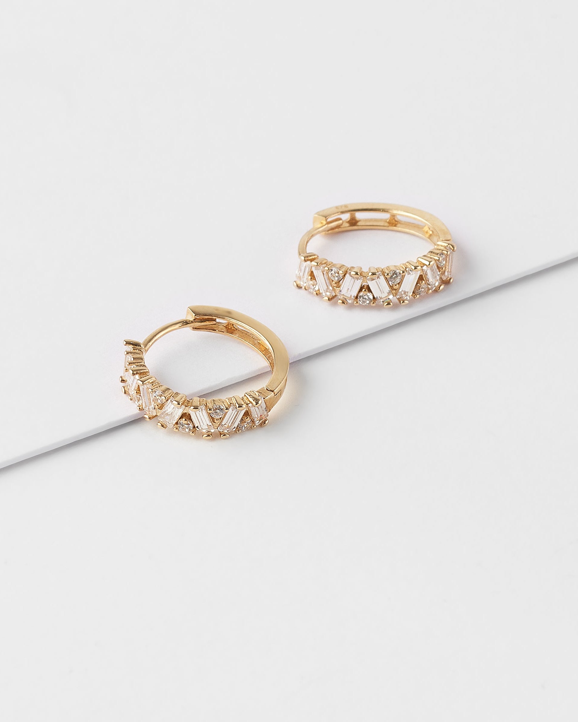 9K Yellow Gold Zirconia Baguette And Round Brilliant Huggie Earrings