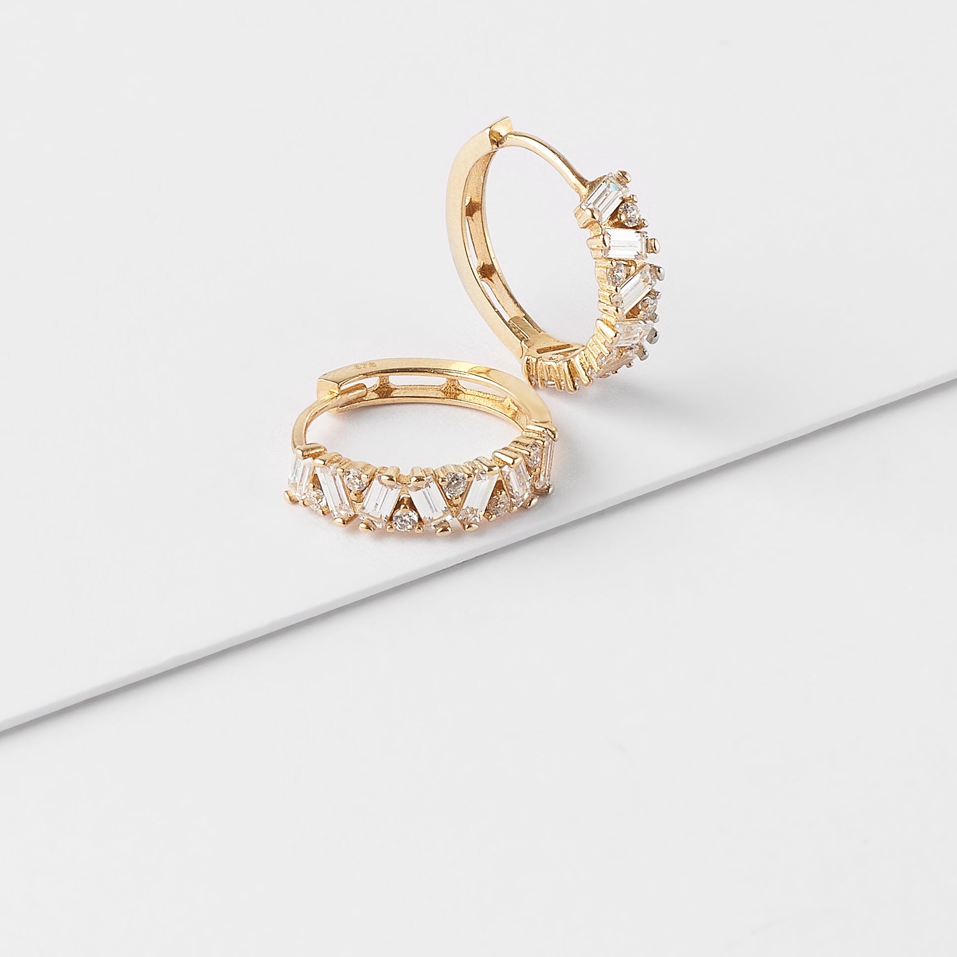 9K Yellow Gold Zirconia Baguette And Round Brilliant Huggie Earrings