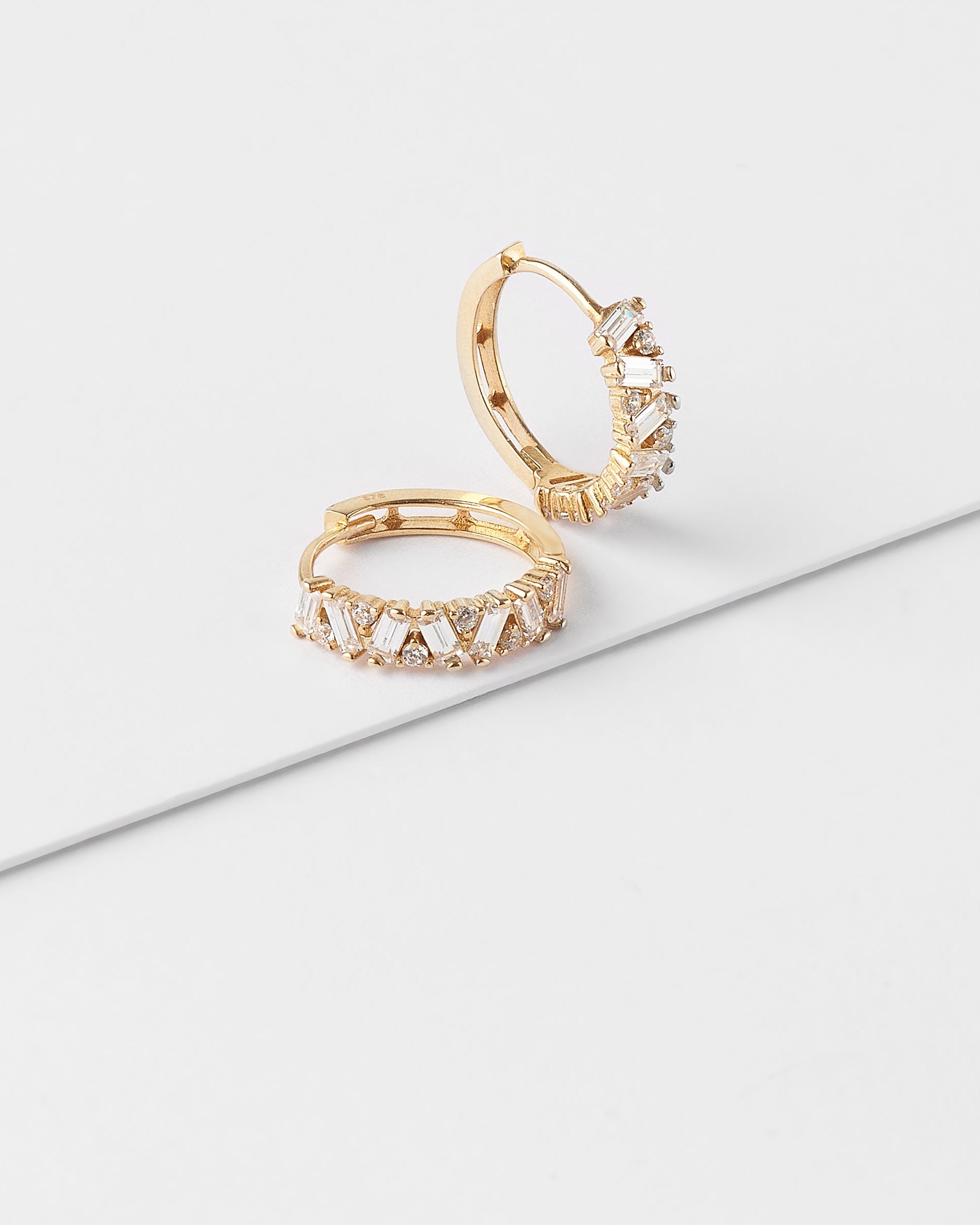 9K Yellow Gold Zirconia Baguette And Round Brilliant Huggie Earrings