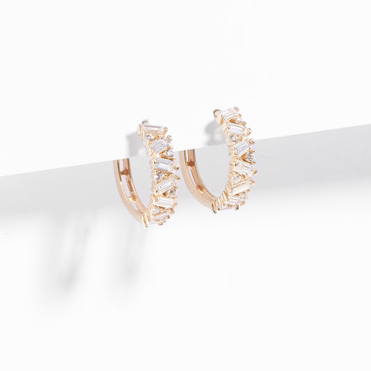 9K Yellow Gold Zirconia Baguette And Round Brilliant Huggie Earrings