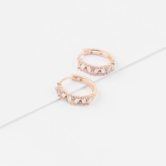 9K Rose Gold Zirconia Baguette And Round Brilliant Huggie Earrings