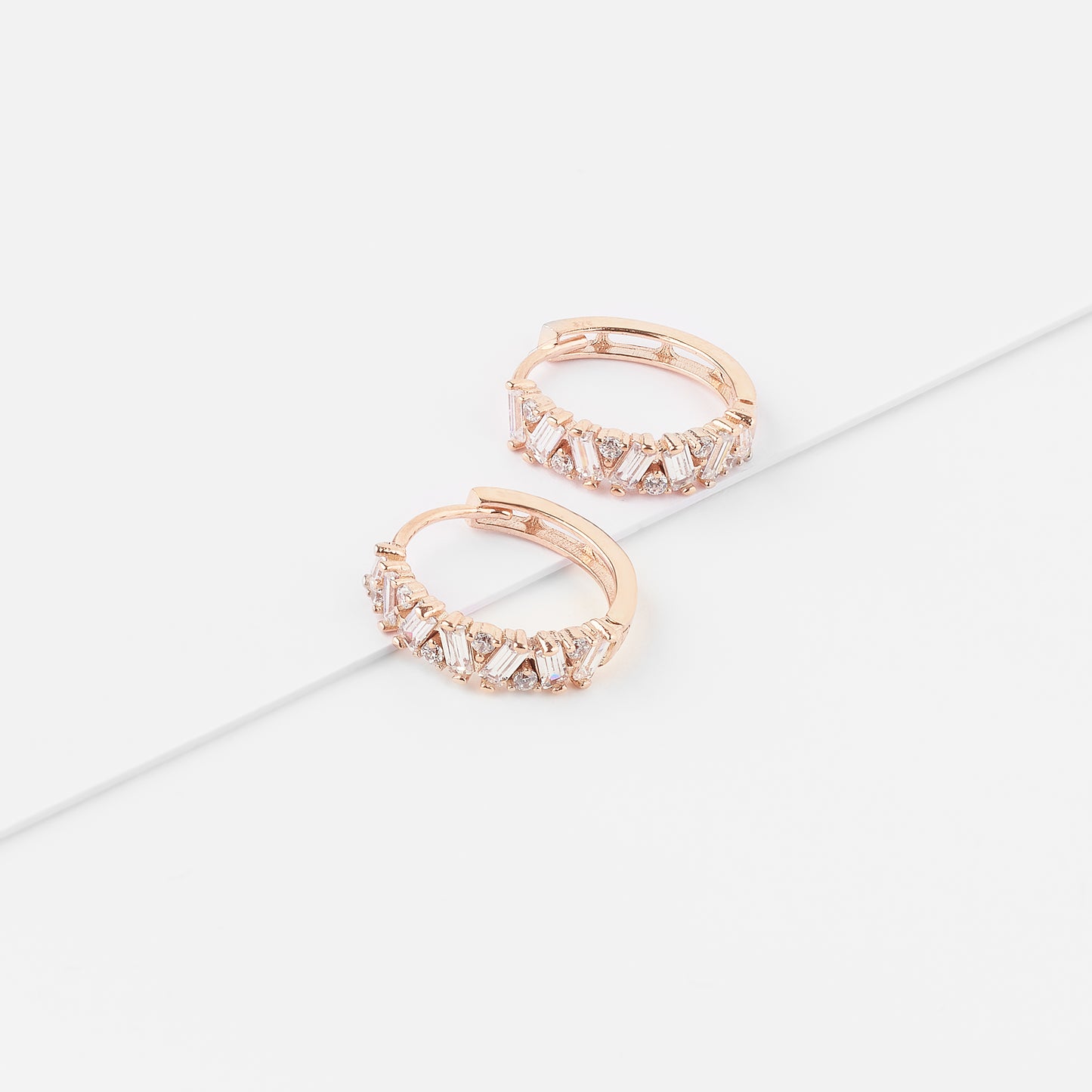 9K Rose Gold Zirconia Baguette And Round Brilliant Huggie Earrings