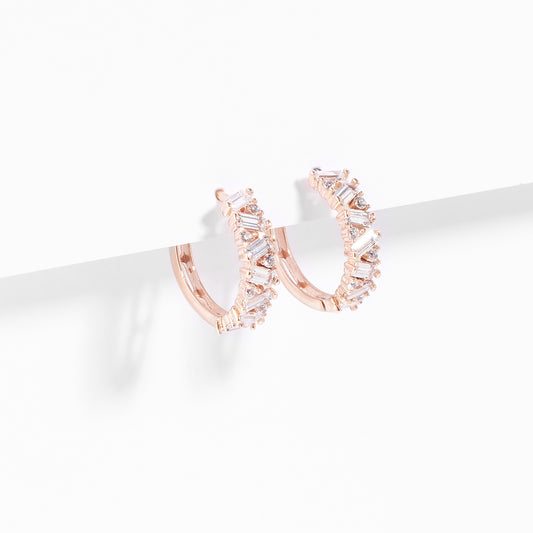 9K Rose Gold Zirconia Baguette And Round Brilliant Huggie Earrings