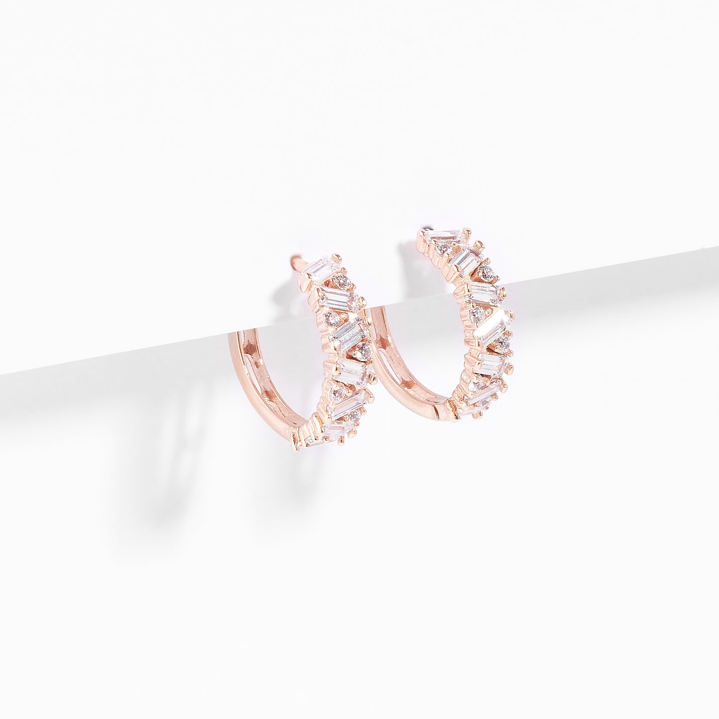 9K Rose Gold Zirconia Baguette And Round Brilliant Huggie Earrings