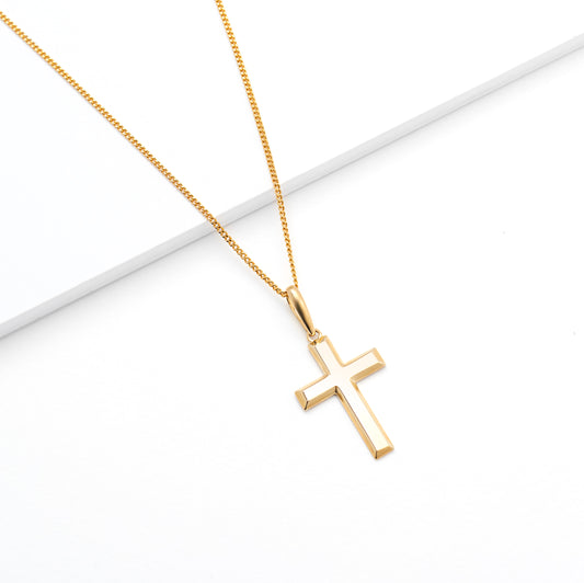 9K Yellow Gold Solid Bevelled Edge Cross Pendant 25x17mm