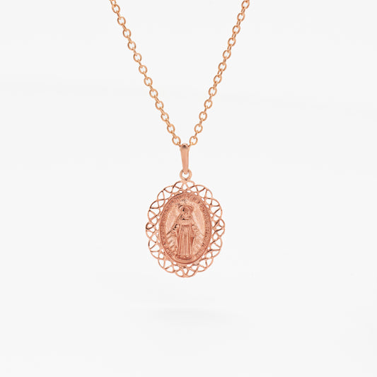 9K Rose Gold Oval Solid Miraculous Madonna Pendant 15x20mm