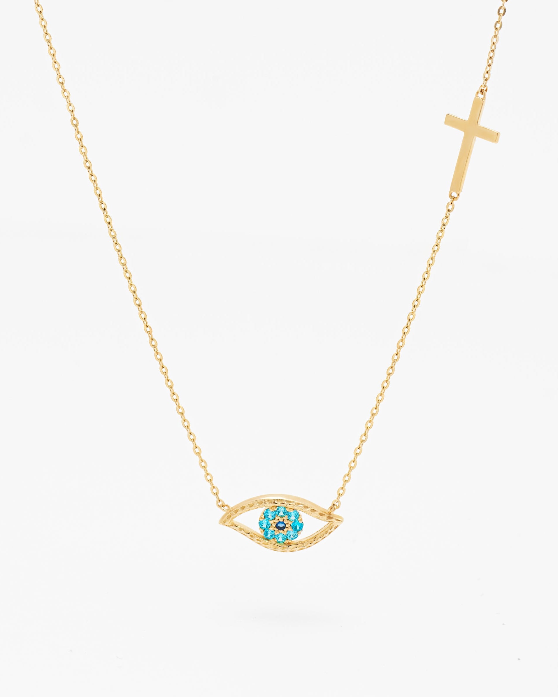9K Yellow Gold Zirconia Evil Eye And Cross Necklace
