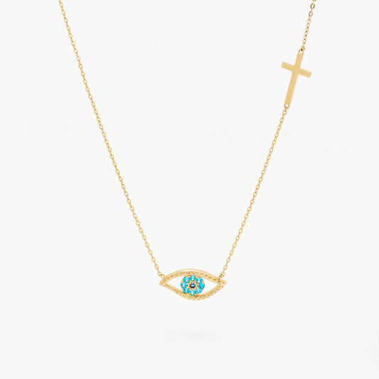 9K Yellow Gold Zirconia Evil Eye And Cross Necklace