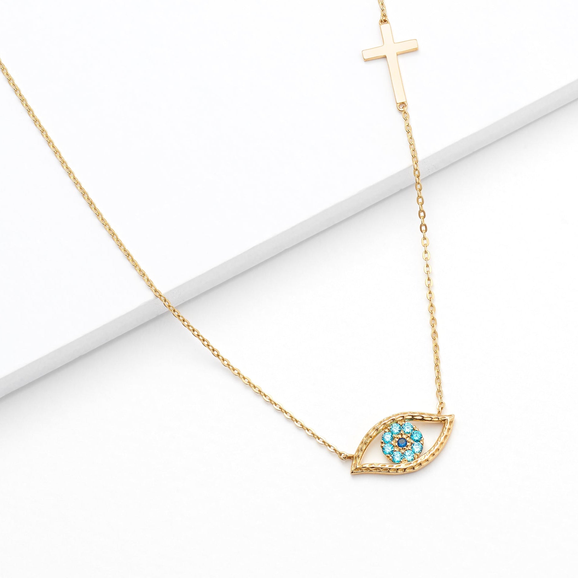 9K Yellow Gold Zirconia Evil Eye And Cross Necklace