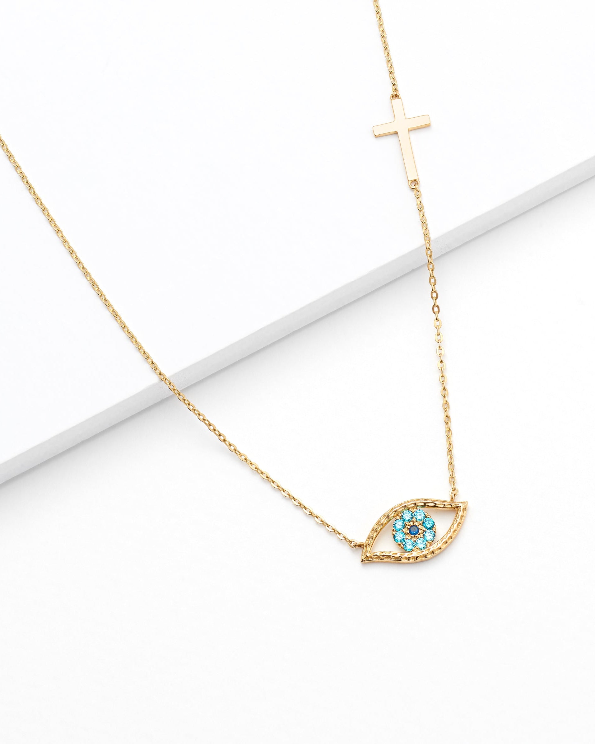 9K Yellow Gold Zirconia Evil Eye And Cross Necklace