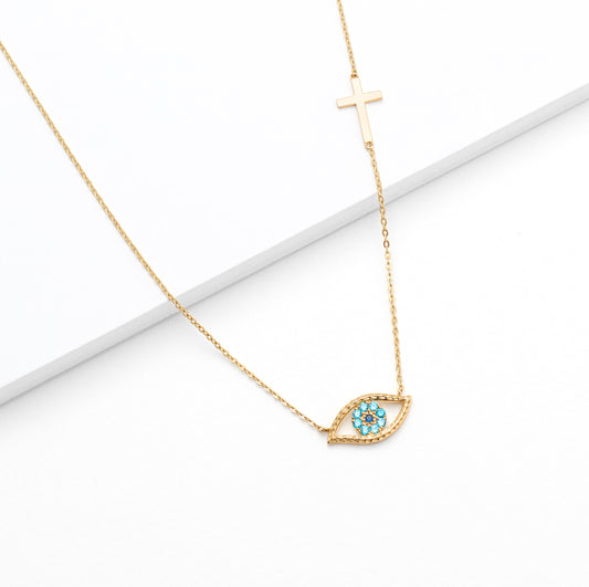 9K Yellow Gold Zirconia Evil Eye And Cross Necklace