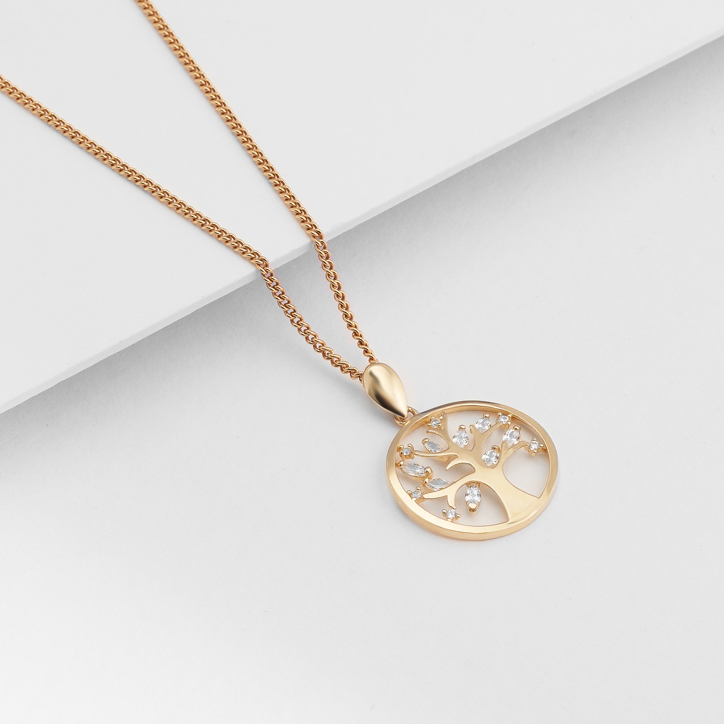 9K Yellow Gold Zirconia Tree Of Life Pendant 17mm