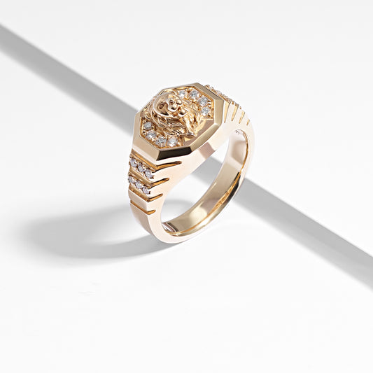 9K Yellow Gold Diamond 3D Lion Ring