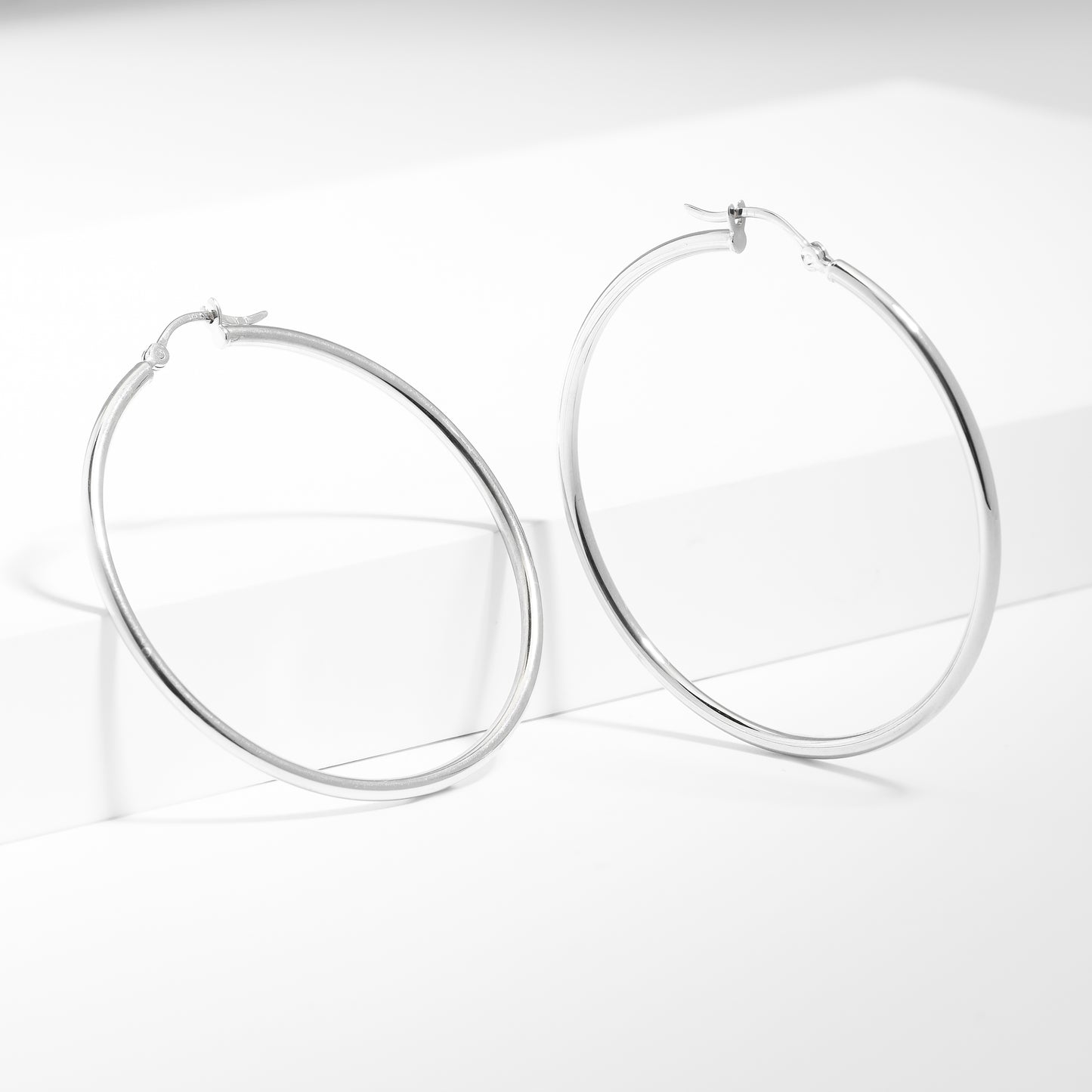 9K White Gold Round Plain Hoop Earrings 40mm.