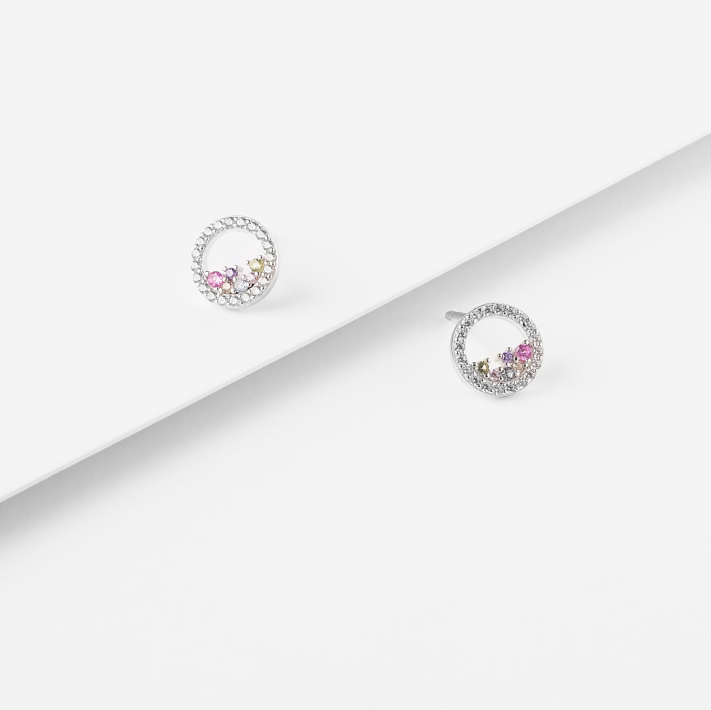 Sterling Silver Scattered Pastel Zirconia Open Circle Stud Earrings 10mm