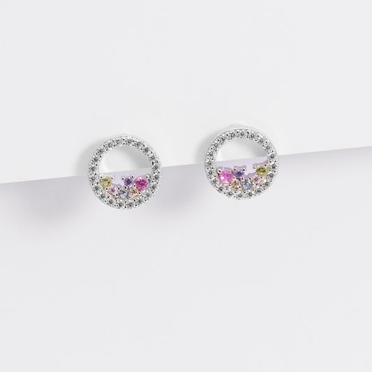 Sterling Silver Scattered Pastel Zirconia Open Circle Stud Earrings 10mm