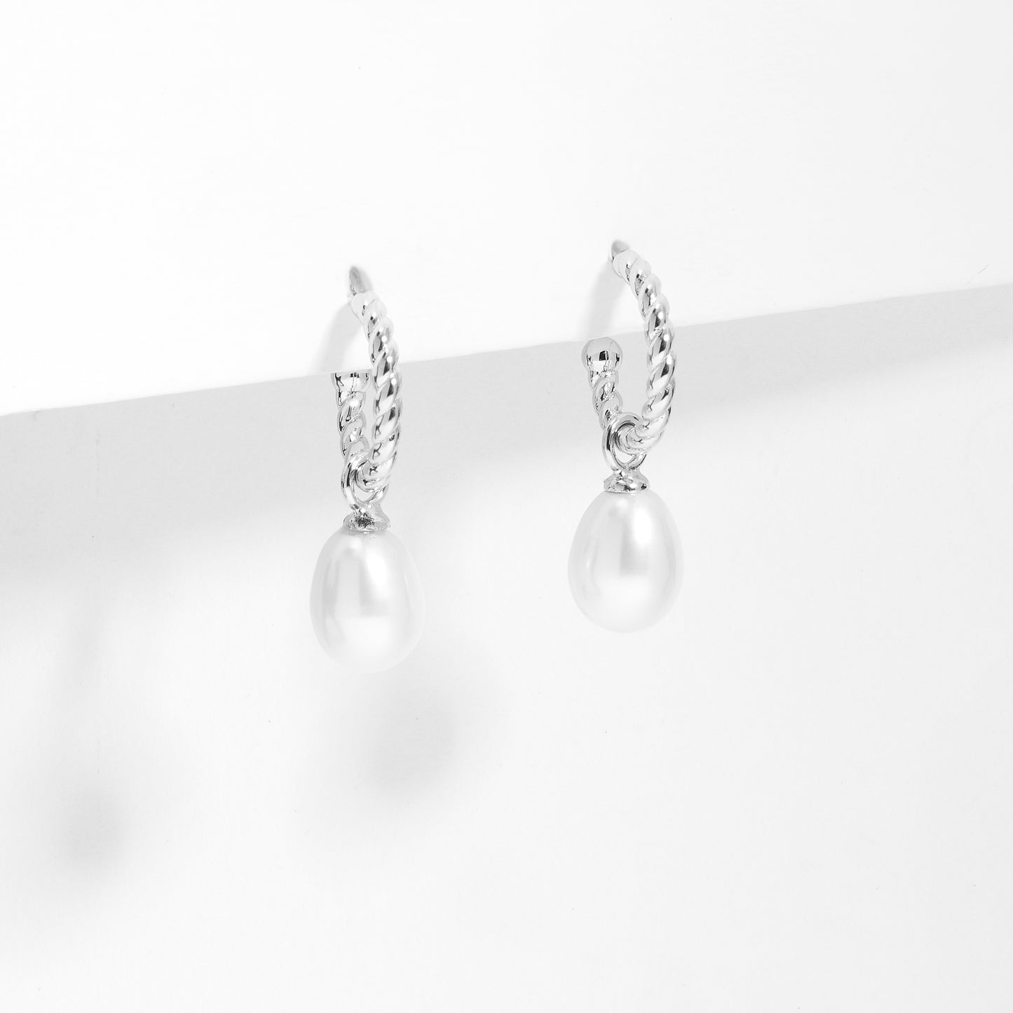 Sterling Silver Twist Hoop Earrings With Freshwater Pearl Drop