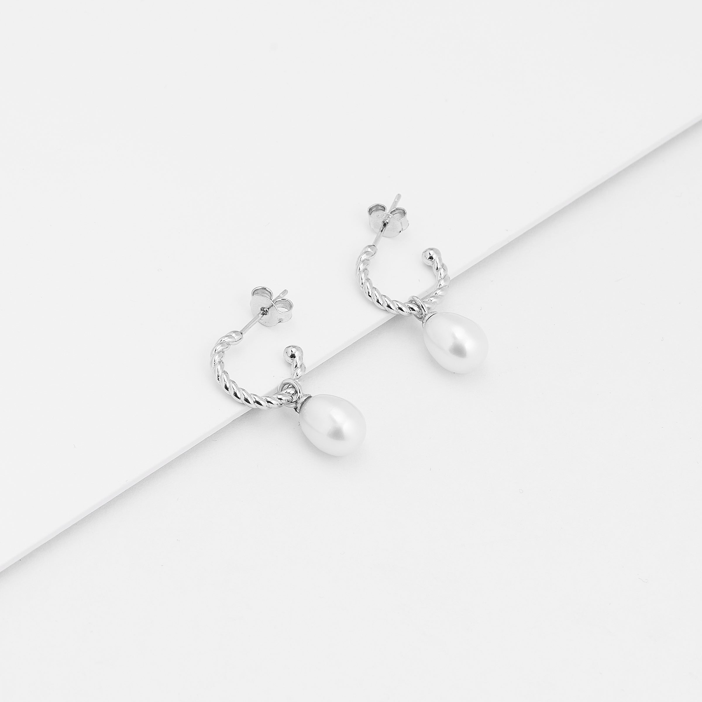 Sterling Silver Twist Hoop Earrings With Freshwater Pearl Drop
