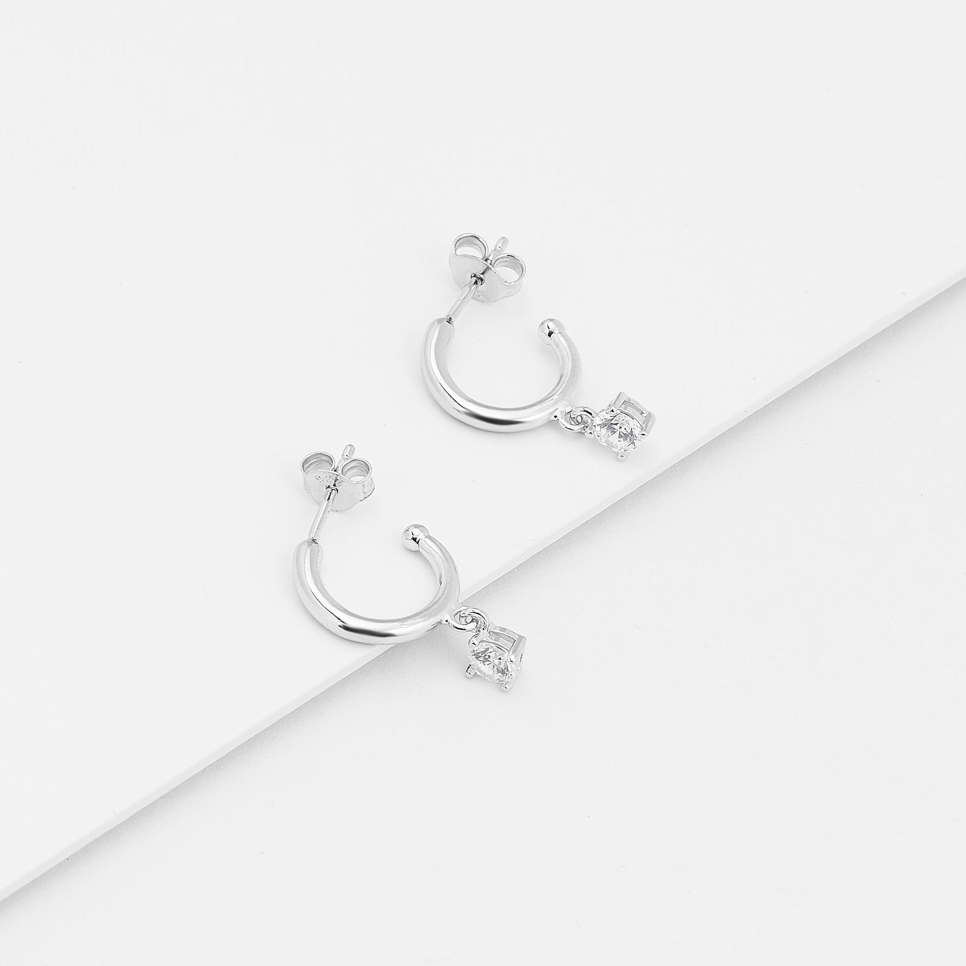 Sterling Silver Half Hoop Earrings With Zirconia Drop