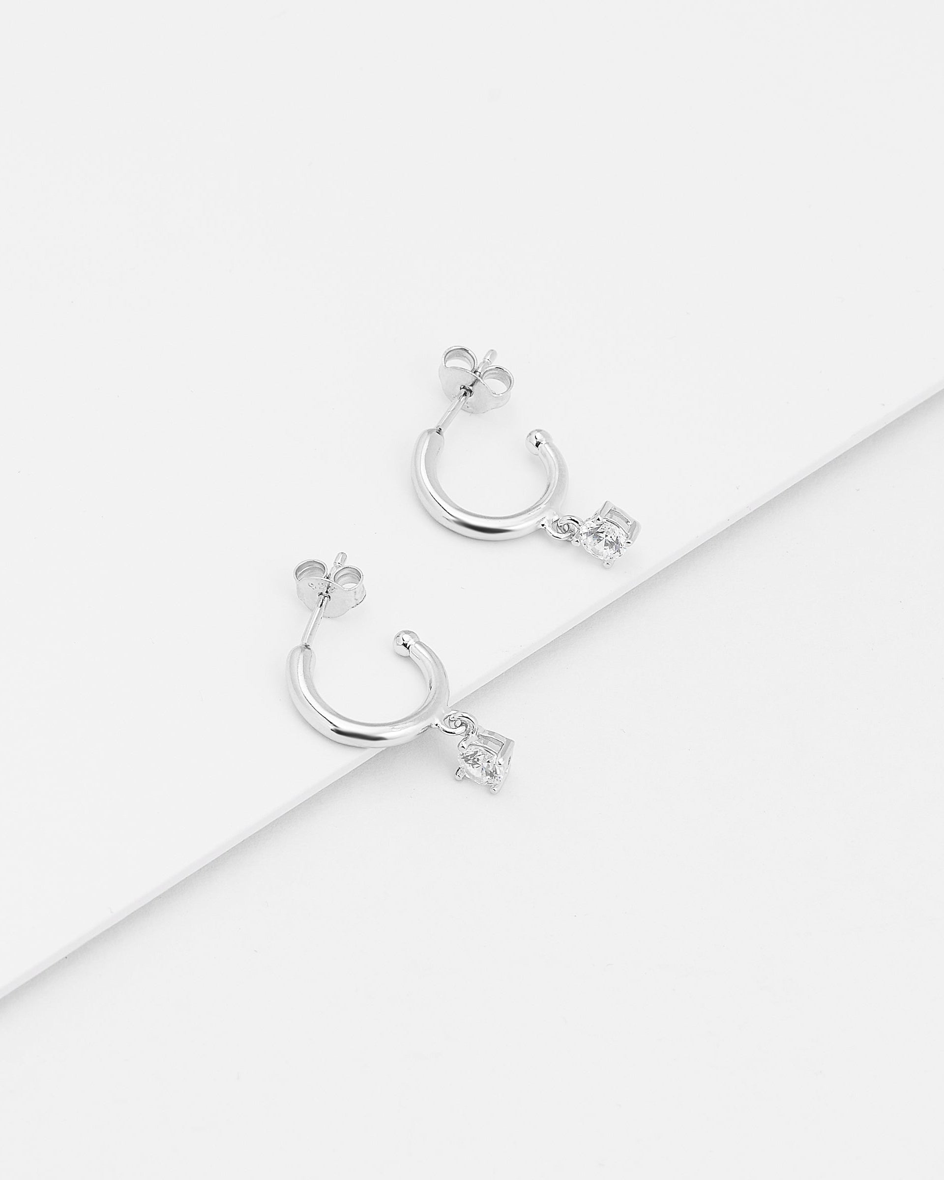 Sterling Silver Half Hoop Earrings With Zirconia Drop