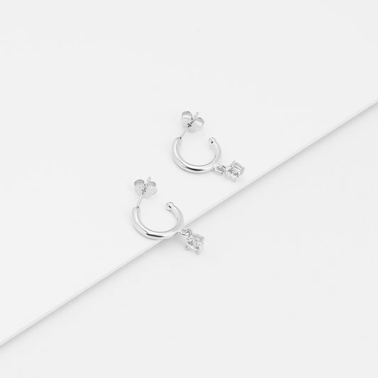 Sterling Silver Half Hoop Earrings With Zirconia Drop