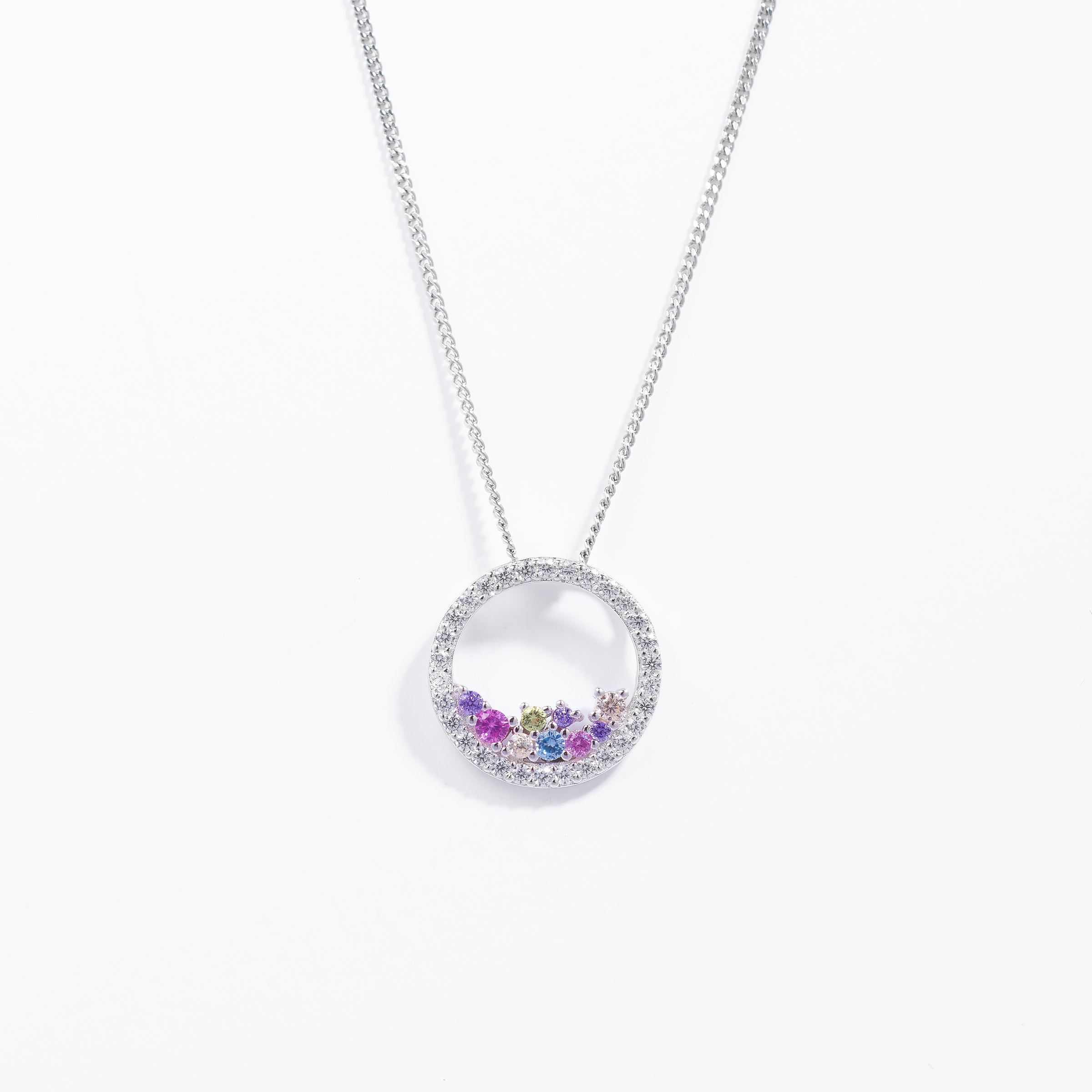 Sterling Silver Scattered Pastel Zirconia Open Circle Pendant + Chain 14mm
