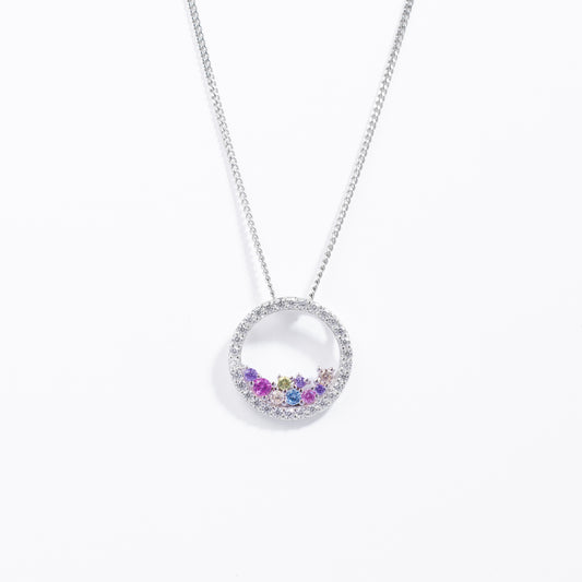Sterling Silver Scattered Pastel Zirconia Open Circle Pendant + Chain 14mm