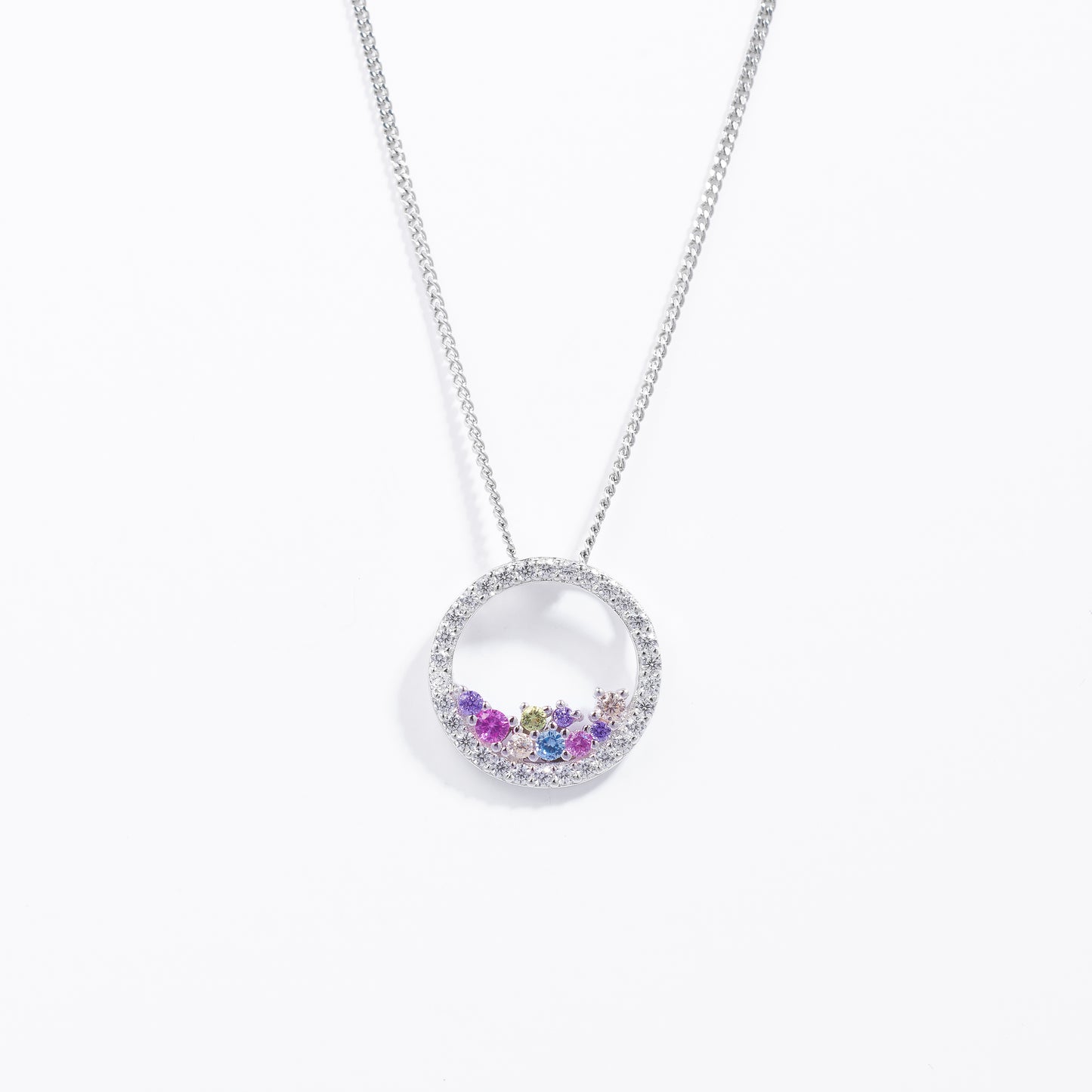 Sterling Silver Scattered Pastel Zirconia Open Circle Pendant + Chain 14mm