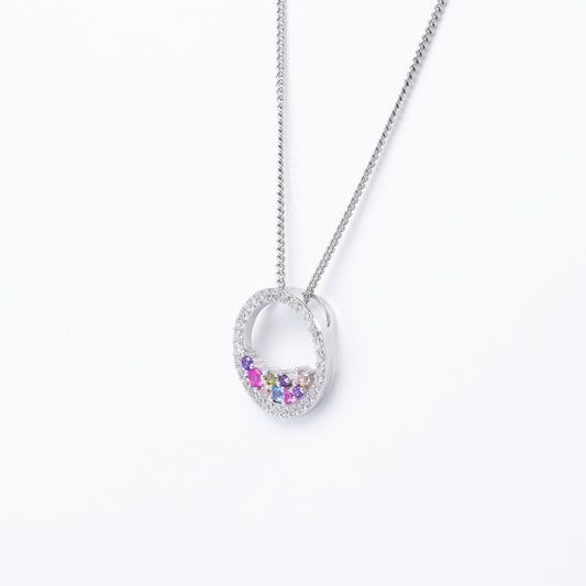 Sterling Silver Scattered Pastel Zirconia Open Circle Pendant + Chain 14mm