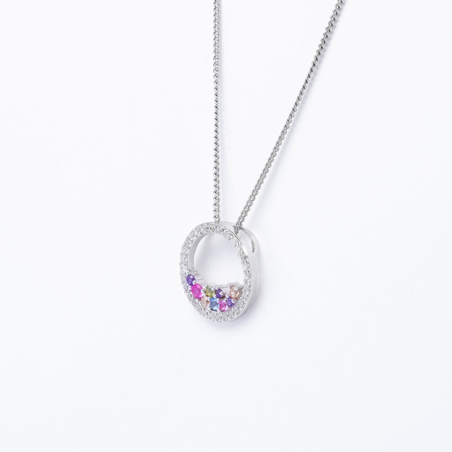 Sterling Silver Scattered Pastel Zirconia Open Circle Pendant + Chain 14mm
