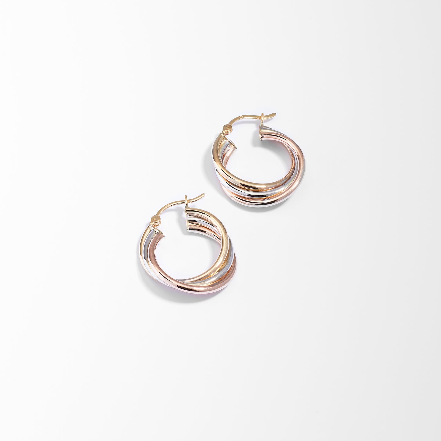 9K Yellow, White And Rose Gold Trio Twist Hoop Earrings 20mm