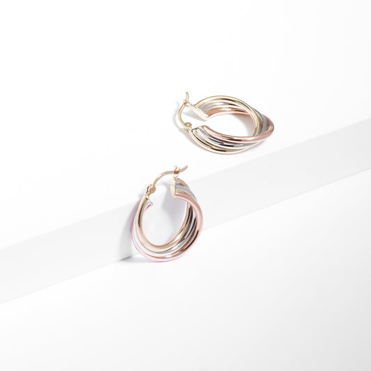 9K Yellow, White And Rose Gold Trio Twist Hoop Earrings 20mm